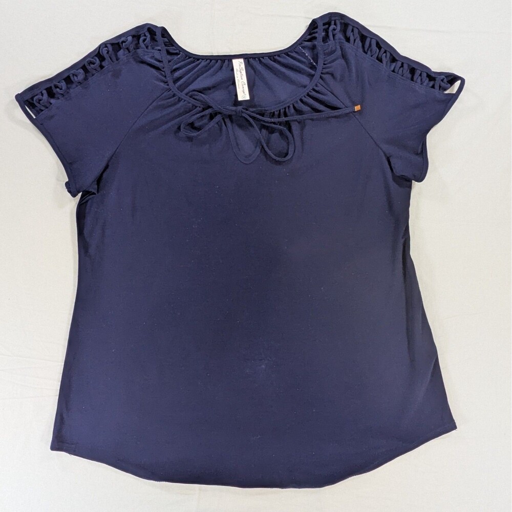 Per Seption Women's Navy Blouse Cut Out Short Sleeve Tie Front Top Size Medium